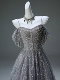 Ndyad Spaghetti Strap Mesh Sequin Long Prom Dress Graduation Prom Adult Ceremony Dress HZ1024