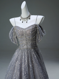 Ndyad Spaghetti Strap Mesh Sequin Long Prom Dress Graduation Prom Adult Ceremony Dress HZ1024