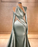 Ndyad Mermaid Irregular Collar Satin Rhinestone Halter Ruffled Long Prom Dress Formal Evening Gown HZ1024