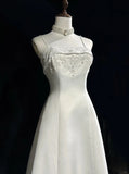 Ndyad Spaghetti Strap Beaded Satin Long Prom Dress White Wedding Dress Graduation Prom Dress HZ1024