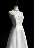 Ndyad Spaghetti Strap Beaded Satin Long Prom Dress White Wedding Dress Graduation Prom Dress HZ1024