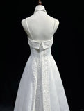 Ndyad Spaghetti Strap Beaded Satin Long Prom Dress White Wedding Dress Graduation Prom Dress HZ1024