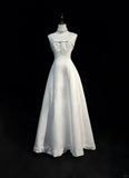 Ndyad Spaghetti Strap Beaded Satin Long Prom Dress White Wedding Dress Graduation Prom Dress HZ1024