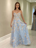 Ndyad Sweetheart Neck Tulle Lace Blue Long Prom Dress Graduation Prom Dress HZ1024