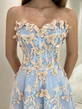 Ndyad Sweetheart Neck Tulle Lace Blue Long Prom Dress Graduation Prom Dress HZ1024