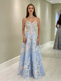 Ndyad Sweetheart Neck Tulle Lace Blue Long Prom Dress Graduation Prom Dress HZ1024