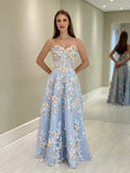 Ndyad Sweetheart Neck Tulle Lace Blue Long Prom Dress Graduation Prom Dress HZ1024