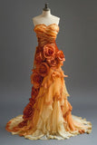 Ndyad Orange Mermaid Sweetheart Neck Beaded Long Prom Dress Layered Lace Applique Wedding Dress Evening HZ1024