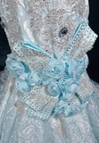 Ndyad Blue Mermaid Spaghetti Straps Organza Diamond Long Prom Dress Lace Floral Evening Gown HZ1024