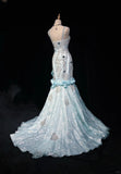 Ndyad Blue Mermaid Spaghetti Straps Organza Diamond Long Prom Dress Lace Floral Evening Gown HZ1024