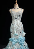 Ndyad Blue Mermaid Spaghetti Straps Organza Diamond Long Prom Dress Lace Floral Evening Gown HZ1024