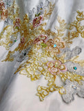 Ndyad A-Line Strapless Satin Sequins Long Prom Dress Embroidered Applique Wedding Dress HZ1024
