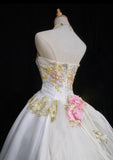 Ndyad A-Line Strapless Satin Sequins Long Prom Dress Embroidered Applique Wedding Dress HZ1024
