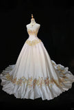 Ndyad A-Line Strapless Satin Sequins Long Prom Dress Embroidered Applique Wedding Dress HZ1024