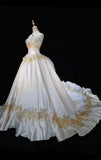 Ndyad A-Line Strapless Satin Sequins Long Prom Dress Embroidered Applique Wedding Dress HZ1024