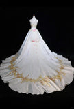 Ndyad A-Line Strapless Satin Sequins Long Prom Dress Embroidered Applique Wedding Dress HZ1024