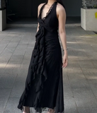 Ndyad Black Halter A-Line Chiffon&Tulle Open Back Prom Dresses Birthday Dresses HZ1024