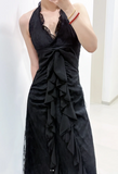 Ndyad Black Halter A-Line Chiffon&Tulle Open Back Prom Dresses Birthday Dresses HZ1024