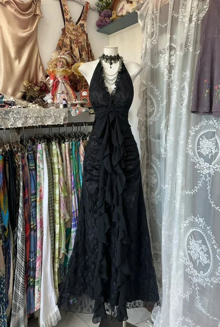 Ndyad Black Halter A-Line Chiffon&Tulle Open Back Prom Dresses Birthday Dresses HZ1024