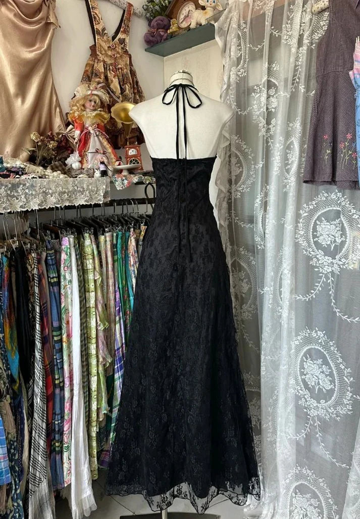Ndyad Black Halter A-Line Chiffon&Tulle Open Back Prom Dresses Birthday Dresses HZ1024