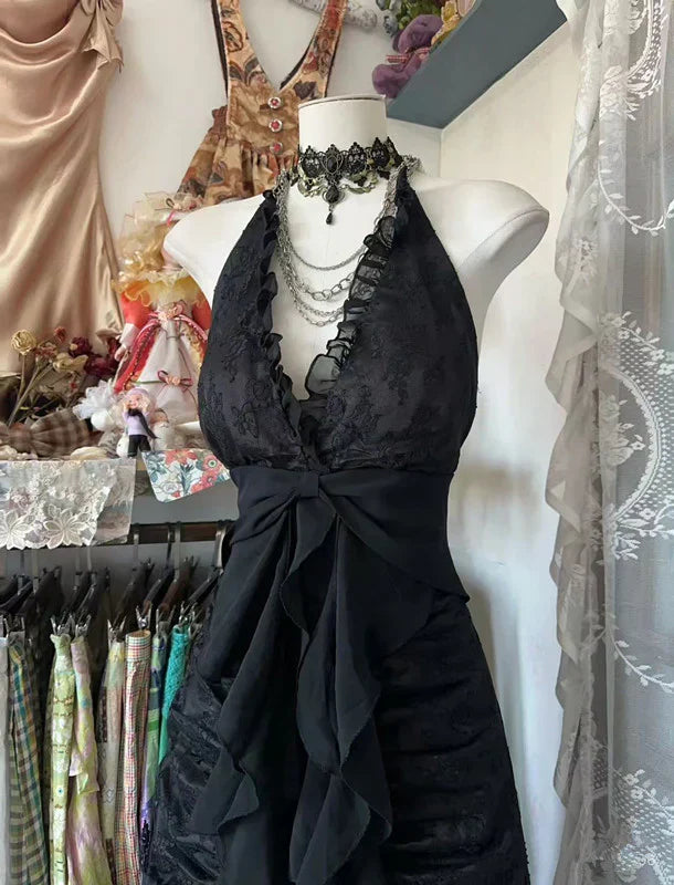 Ndyad Black Halter A-Line Chiffon&Tulle Open Back Prom Dresses Birthday Dresses HZ1024