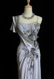 Ndyad Spaghetti Strap Chiffon Beaded Sequin Long Prom Dress Embroidered Applique Evening Gown HZ1024