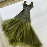 Ndyad Green Merimaid Spaghetti Strap Tulle Beaded Long Prom Dress Birthday Graduation Prom Dress HZ1024