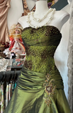 Ndyad Mermaid Strapless Olive Green Satin Tulle Long Prom Dress Sequin Beaded Evening Dress HZ1024