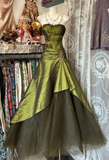 Ndyad Mermaid Strapless Olive Green Satin Tulle Long Prom Dress Sequin Beaded Evening Dress HZ1024