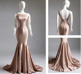 Ndyad Champagne Mermaid Simple Satin Long Prom Dress Backless Evening Gown HZ1024