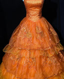 Ndyad Orange A-Line Strapless Tulle Sequin Long Prom Dress Gorgeous Sweet 16 Dress Quinceanera Dress HZ1024