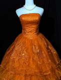 Ndyad Orange A-Line Strapless Tulle Sequin Long Prom Dress Gorgeous Sweet 16 Dress Quinceanera Dress HZ1024