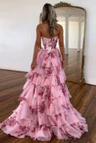Evafashion A-Line Chiffon Floral Print Ruffle Long Prom Dress with Slit HZ1024