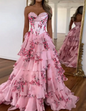 Evafashion A-Line Chiffon Floral Print Ruffle Long Prom Dress with Slit HZ1024