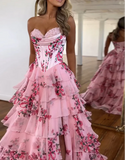 Evafashion A-Line Chiffon Floral Print Ruffle Long Prom Dress with Slit HZ1024
