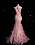 Ndyad Mermaid Halter Neck Tulle Long Prom Dress Sweet 16 Dress HZ1024
