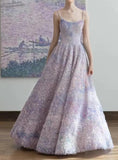 Ndyad Spaghetti Strap Tulle Applique Long Prom Dress Adult Ceremony Birthday Dress HZ1024