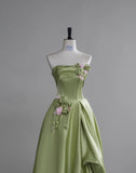 Ndyad Green A-Line Strapless Satin Applique Long Prom Dress Cute Birthday Dress Formal Evening Dress HZ1024
