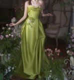 Ndyad Green A-Line Strapless Satin Applique Long Prom Dress Cute Birthday Dress Formal Evening Dress HZ1024