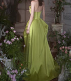 Ndyad Green A-Line Strapless Satin Applique Long Prom Dress Cute Birthday Dress Formal Evening Dress HZ1024