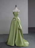 Ndyad Green A-Line Strapless Satin Applique Long Prom Dress Cute Birthday Dress Formal Evening Dress HZ1024