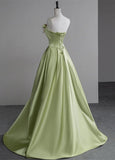 Ndyad Green A-Line Strapless Satin Applique Long Prom Dress Cute Birthday Dress Formal Evening Dress HZ1024