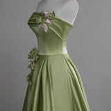 Ndyad Green A-Line Strapless Satin Applique Long Prom Dress Cute Birthday Dress Formal Evening Dress HZ1024