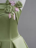 Ndyad Green A-Line Strapless Satin Applique Long Prom Dress Cute Birthday Dress Formal Evening Dress HZ1024
