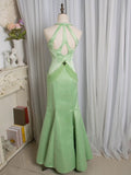 Ndyad Light Green Mermaid Halter Satin Beaded Long Prom Dress HZ1024