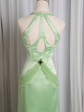 Ndyad Light Green Mermaid Halter Satin Beaded Long Prom Dress HZ1024