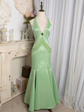 Ndyad Light Green Mermaid Halter Satin Beaded Long Prom Dress HZ1024