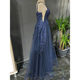 Ndyad Blue A-Line Spaghetti Strap Tulle Beaded Long Prom Dress Applique Graduation Prom Dress HZ1024