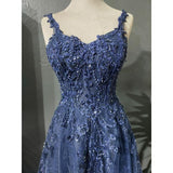 Ndyad Blue A-Line Spaghetti Strap Tulle Beaded Long Prom Dress Applique Graduation Prom Dress HZ1024