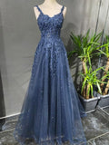 Ndyad Blue A-Line Spaghetti Strap Tulle Beaded Long Prom Dress Applique Graduation Prom Dress HZ1024